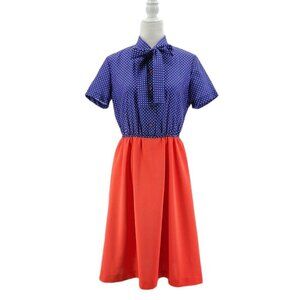 Vintage Cofa's Closet Blue Red Retro Pattern Neck Tie Midi Dress Petite Small PS